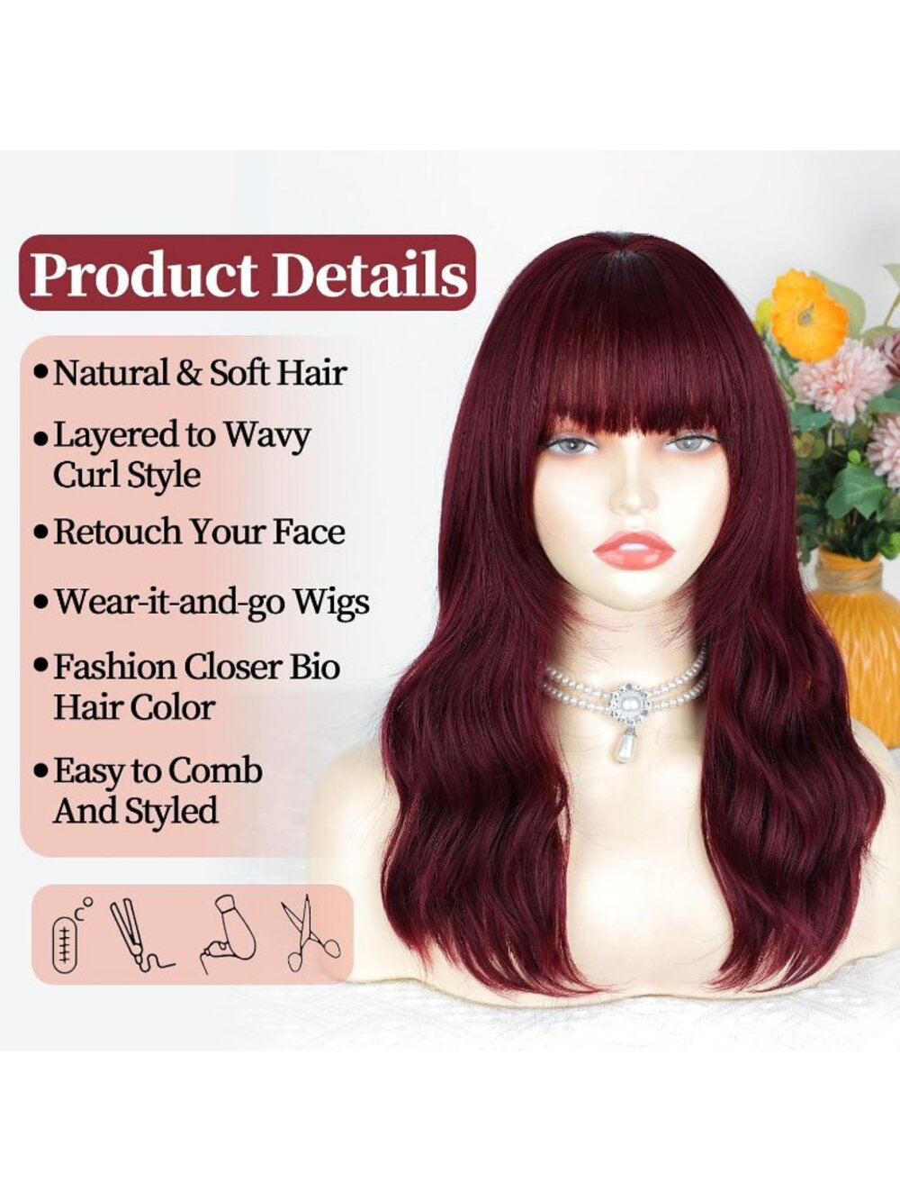 Women's Burgundy Natural Looking 18 Inch Classic Synthetic Layered Wavy Wigs - Picture 2 of 6